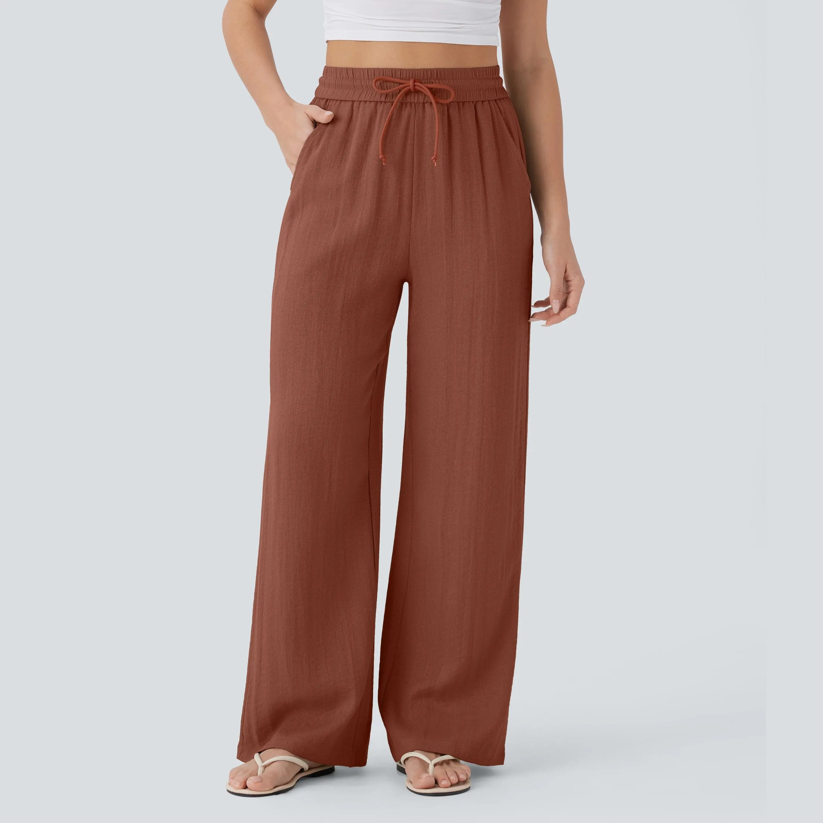 High Waisted Drawstring Pocket Wide Leg Casual Linen-Feel Pants