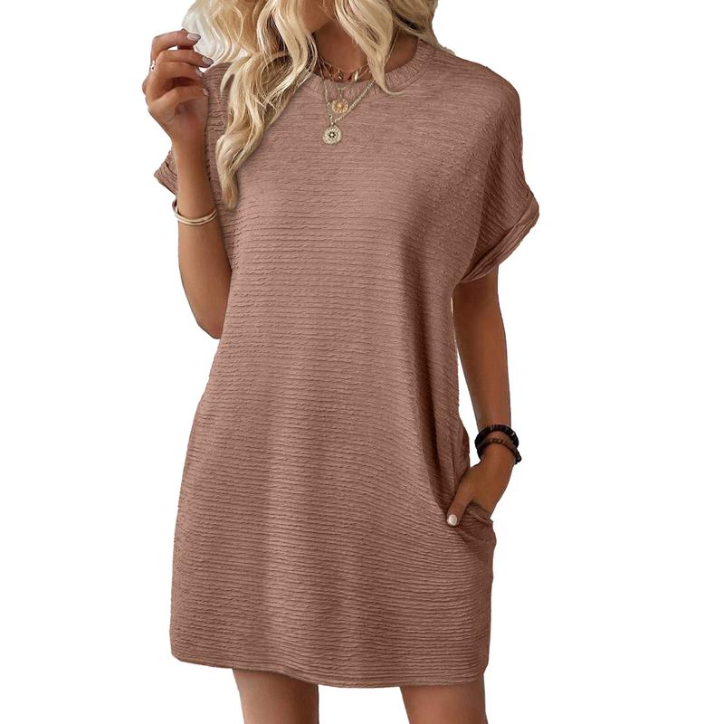 Women’s Casual Mini Dress – Lightweight Stretchy Short Sleeve Crewneck Dress for Summer & Beach Outfits