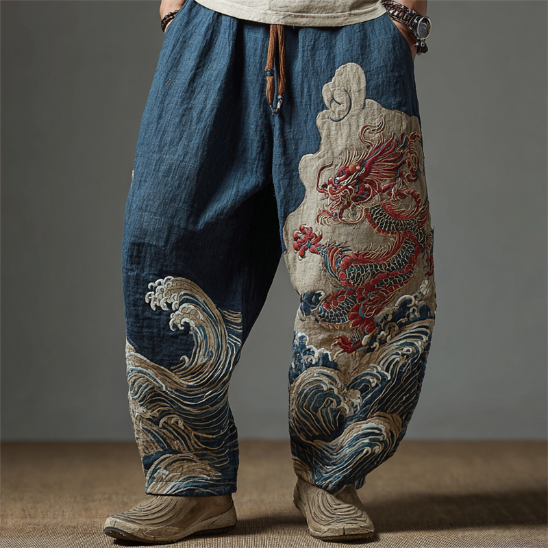 Men's Japanese Dragon Sea Waves Embroidered Wide Leg Linen Pants