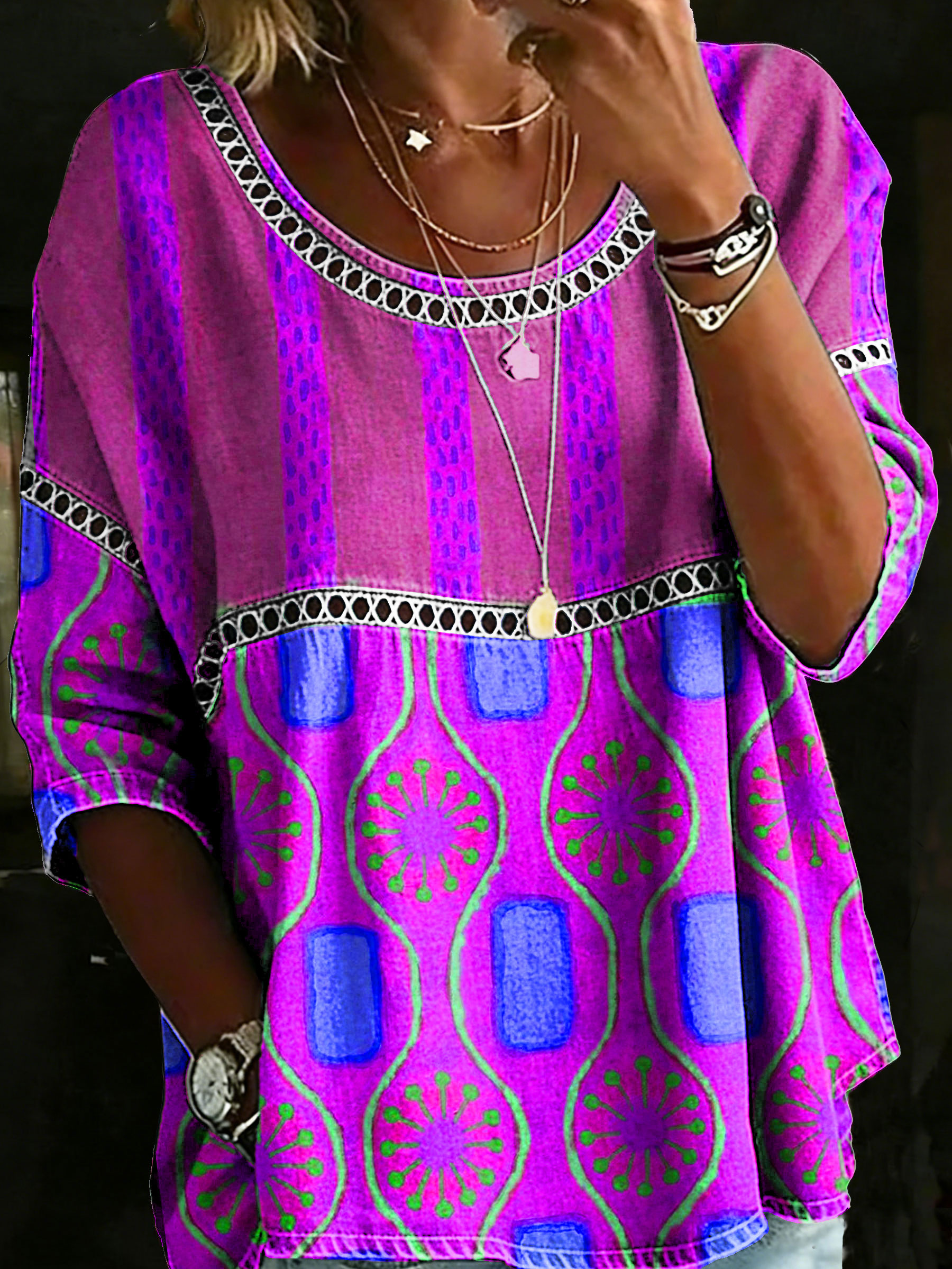 Women's Vintage Abstrct Casual Loose Denim Blouse Shirt