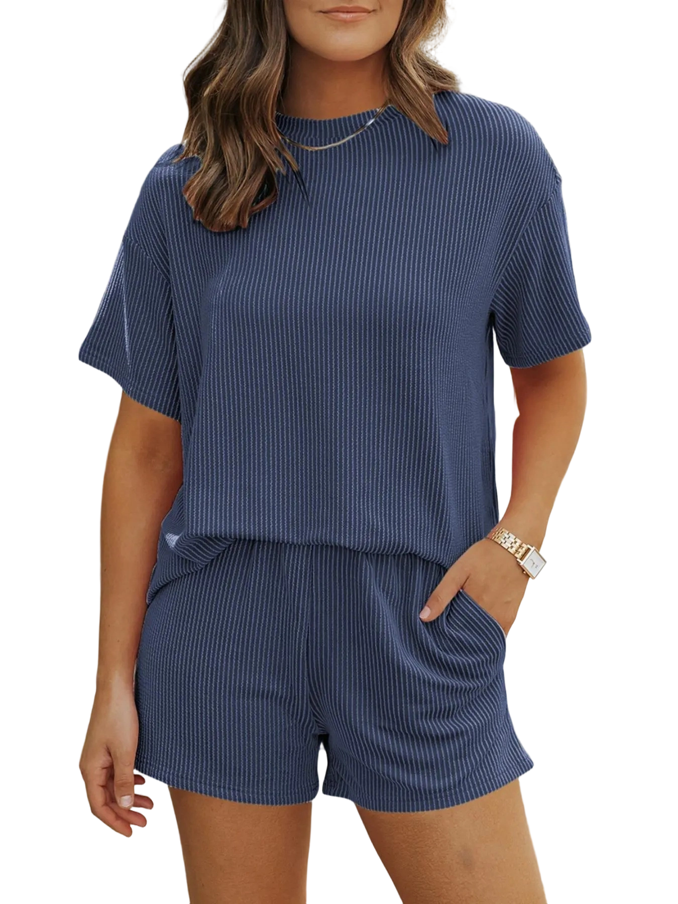 Women's Solid Twisted Ribbed Knit Textured Pocket Shorts Set, Casual Short Sleeve T-shirt & Elastic Waist Shorts