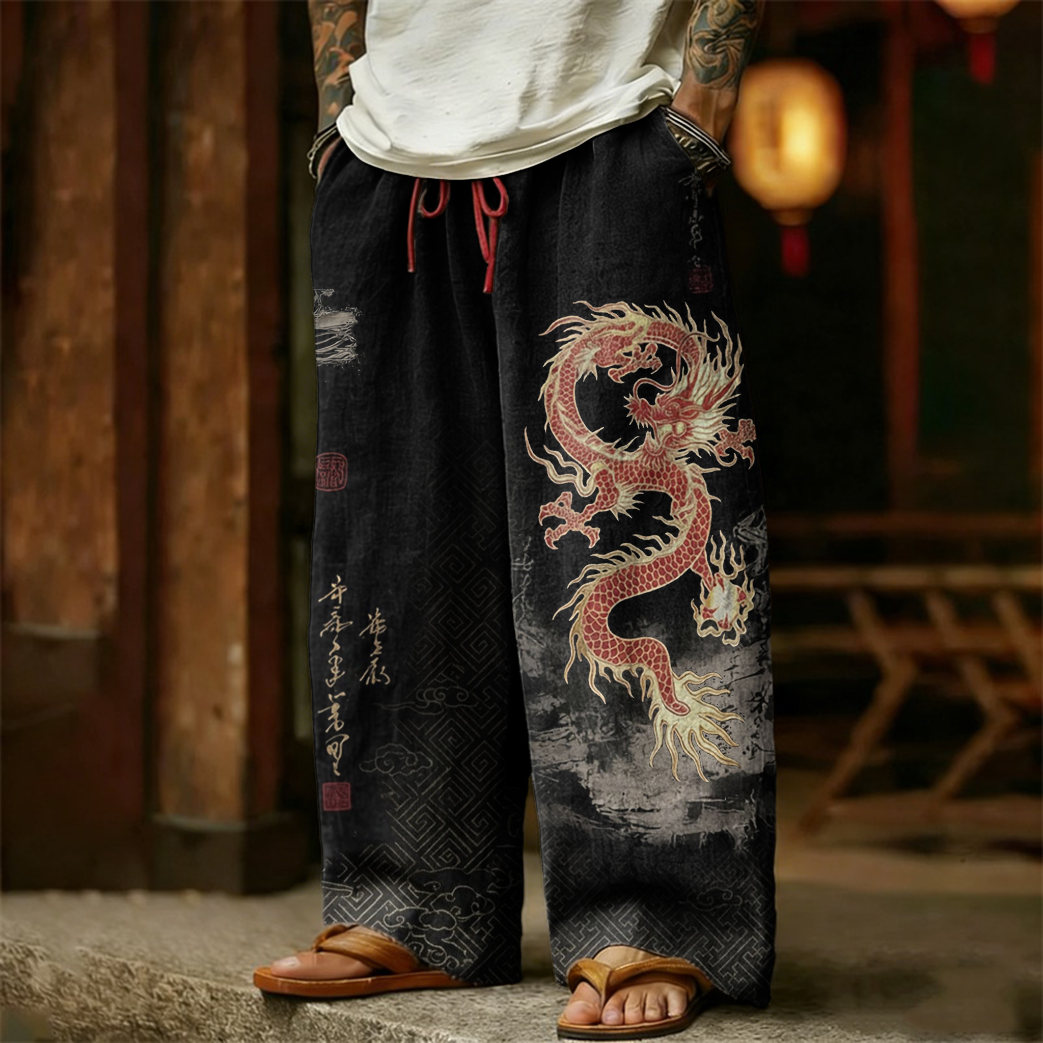 Men's Retro Dragon With Calligraphy Art Linen Pants