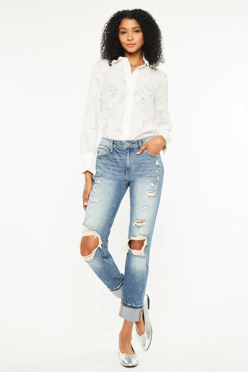 High Rise Distressed Boyfriend Fit Jeans