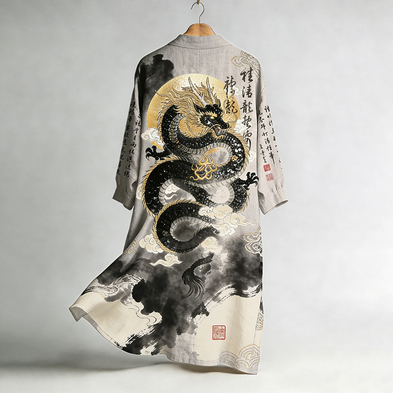 Men's Vintage Calligraphy Dragon Art Pattern Linen Blend Kimono