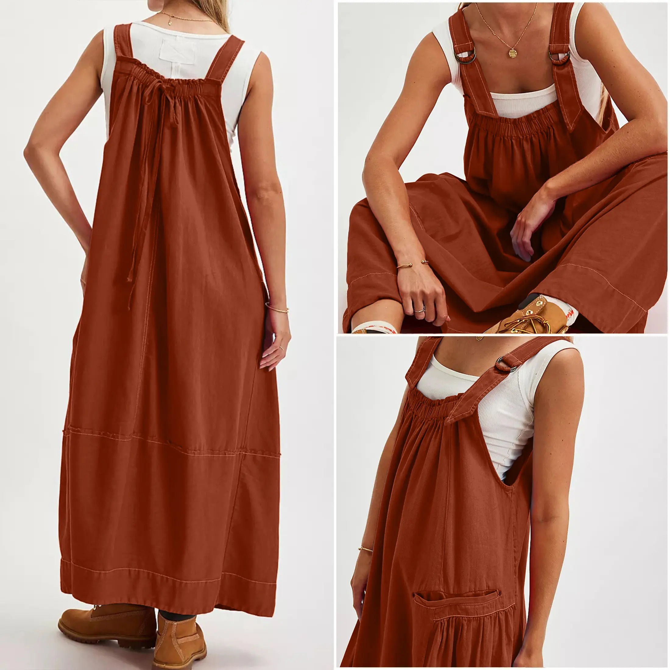 Women's Sleeveless Strappy Barrel Midi Dress with Pockets & Adjustable Straps