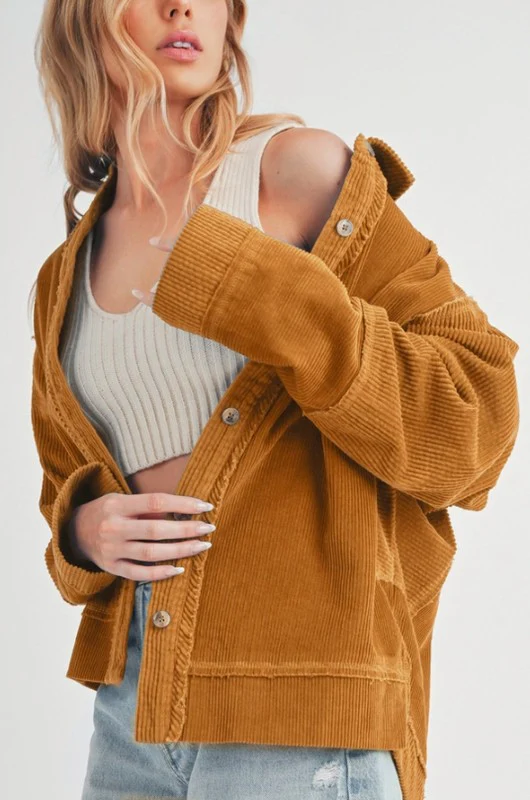 Side Slit Exposed Seam Button Up Corduroy Jacket