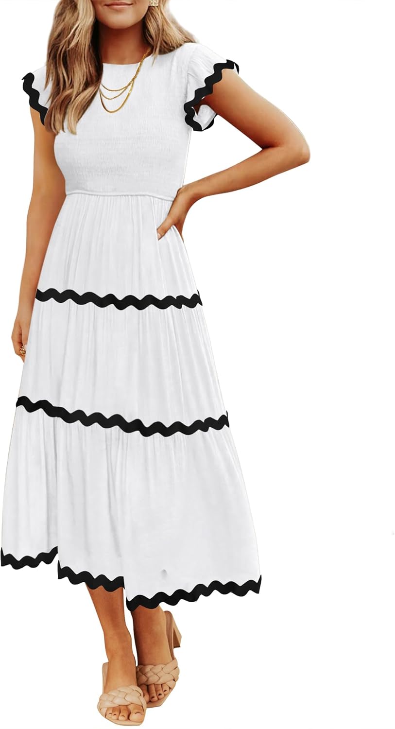 Womens Summer Casual Smocked Midi Dress 2026 Flutter Short Sleeve High Waist Tiered Flowy Boho Vacation Dresses