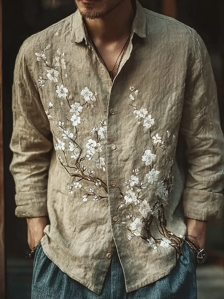 Bohemian Retro Style Floral Print Men's Long-sleeve Shirt