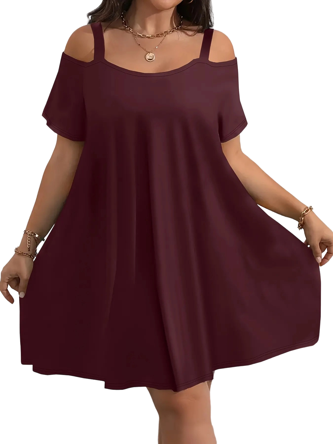 Plus Size Women's Round Neck Short Sleeve Shoulder Cut Out Fitted Casual Midi Dress