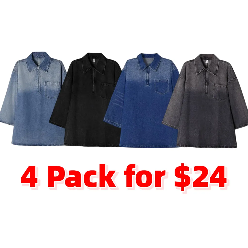 Women's Denim Dress Half-Zip Collared Vintage Washed Blue Loose Fit Long Sleeve