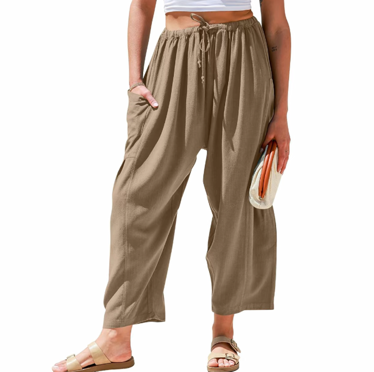 Women's Linen Casual Loose Fit Beach Palazzo Harem Trousers with Pockets
