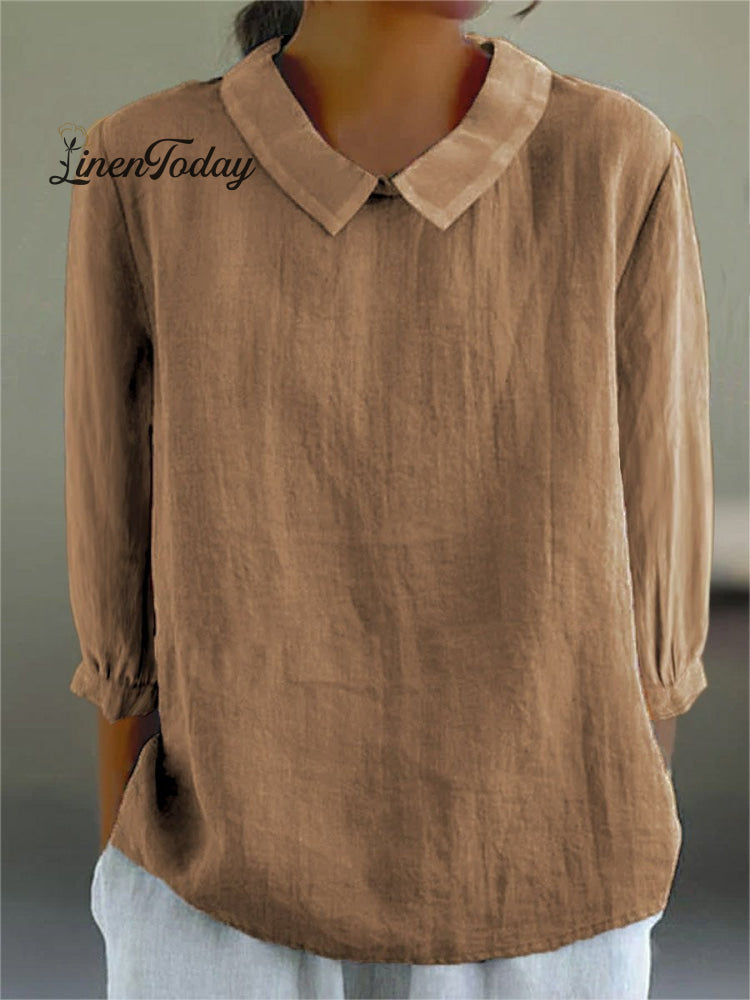 Women's Solid Color Casual Cotton And Linen 3/4 Sleeve Shirt