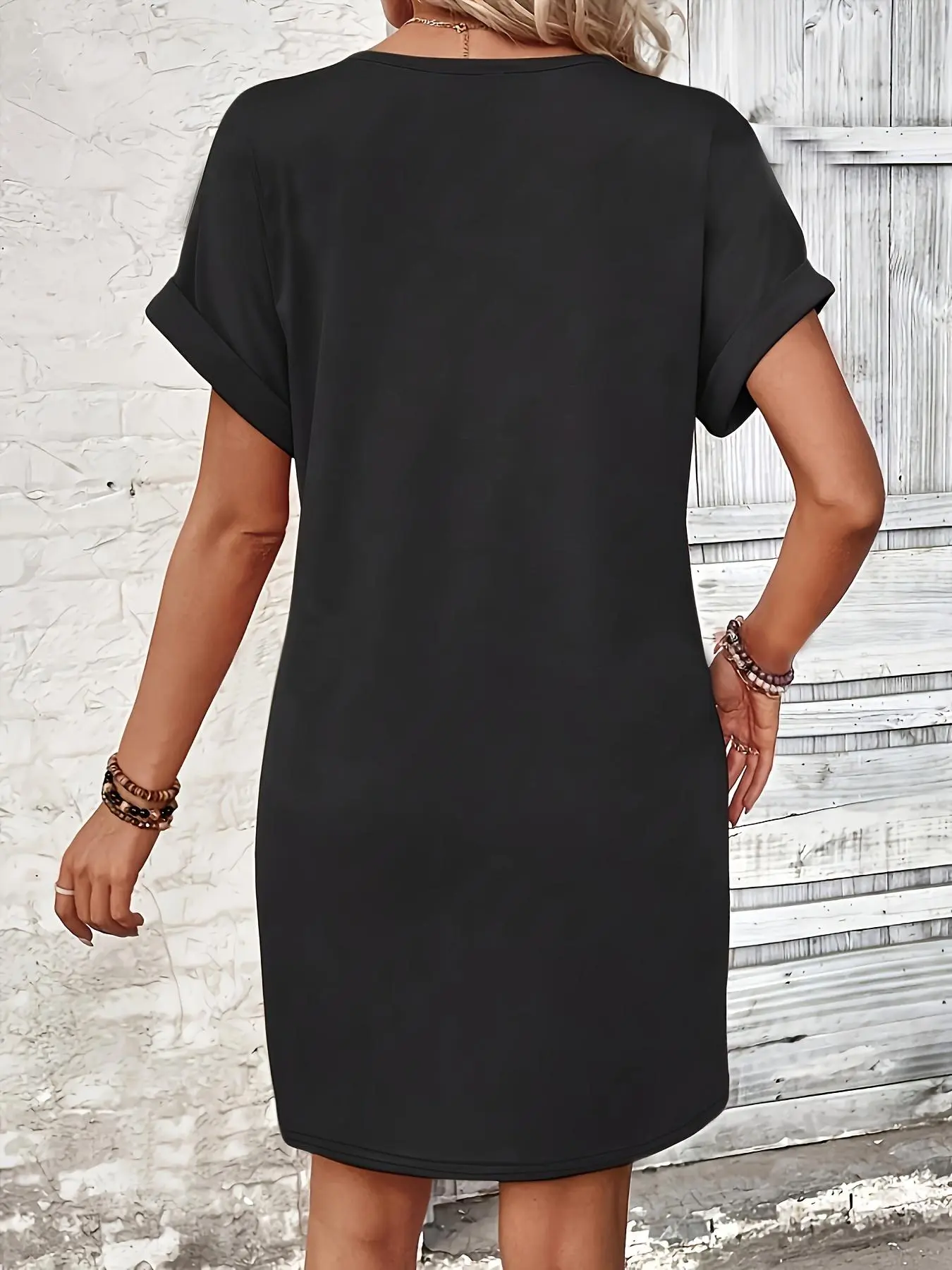 Women's Plain Button V Neck Basic Minimalist Tee Dress, Casual Wear, Short Sleeve Batwing Sleeve Short Dress for Summer, Fashion Womenswear