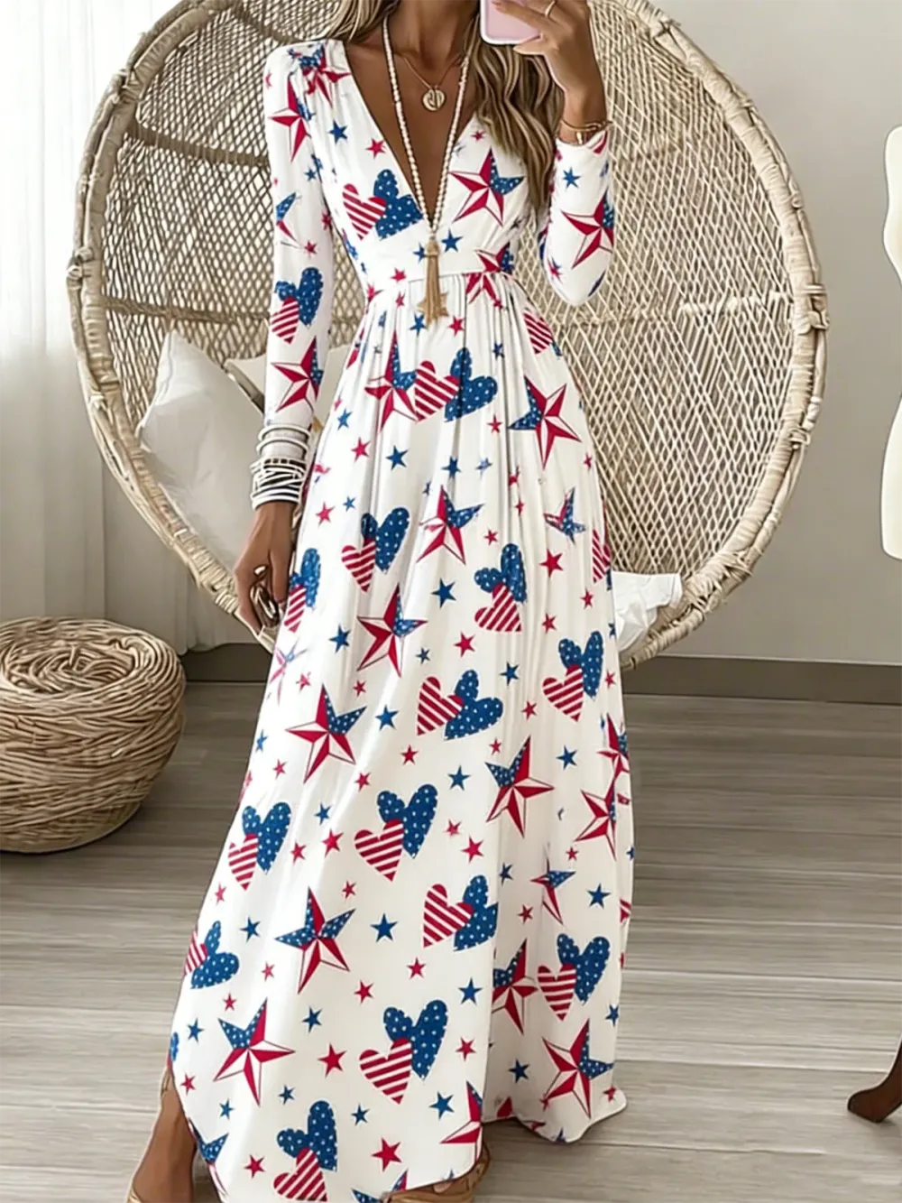 Women Geometric Spring/Fall Dress V Neck Long Sleeve A-Line Dress
