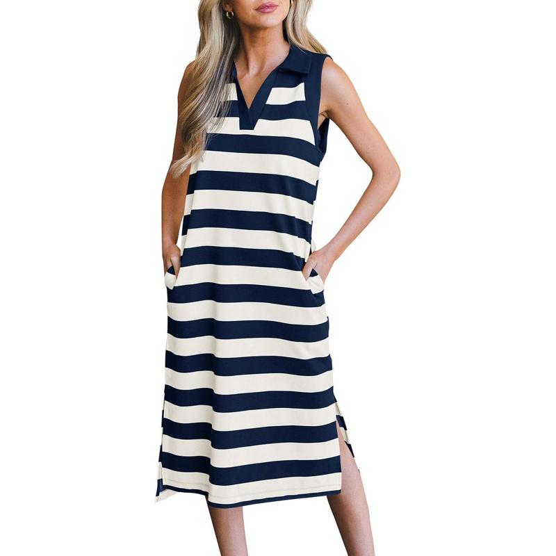 Women’s Striped Polo V-Neck Summer Dress – Sleeveless Loose Fit Midi T-Shirt Dress with Slit, Available in Long & Short Styles (Sizes S–5XL)