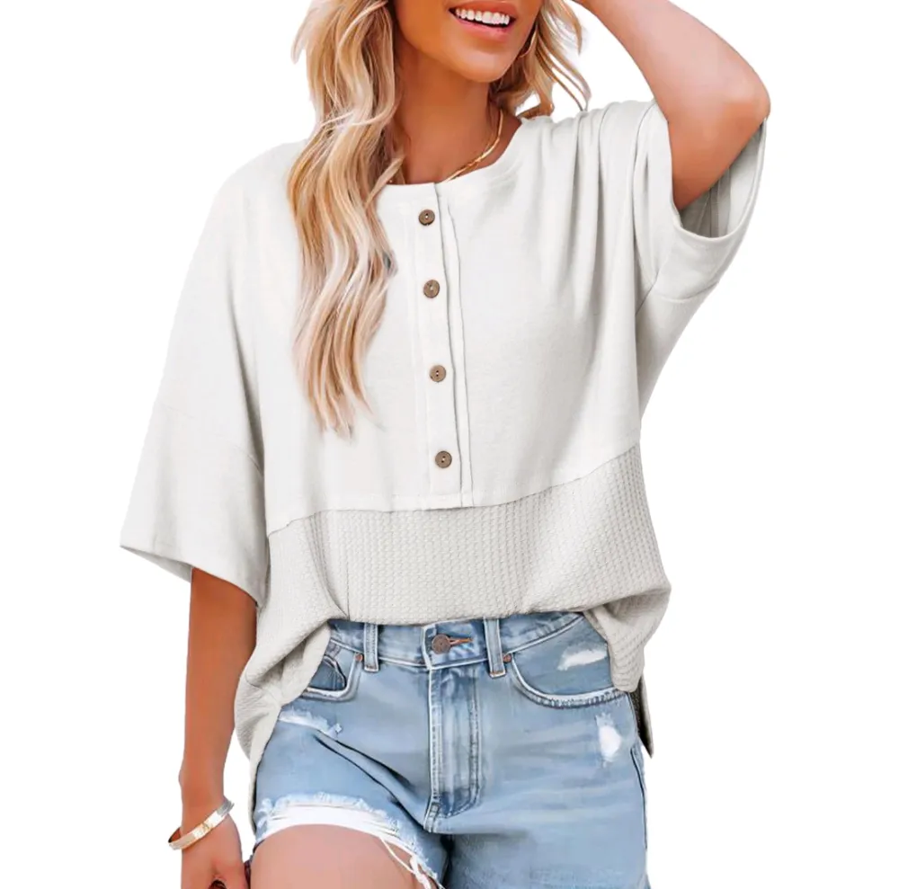 Dokotoo Women's 2025 Waffle Knit Patchwork Tops – Casual Oversized Button Down 3/4 Sleeve Shirt Blouse