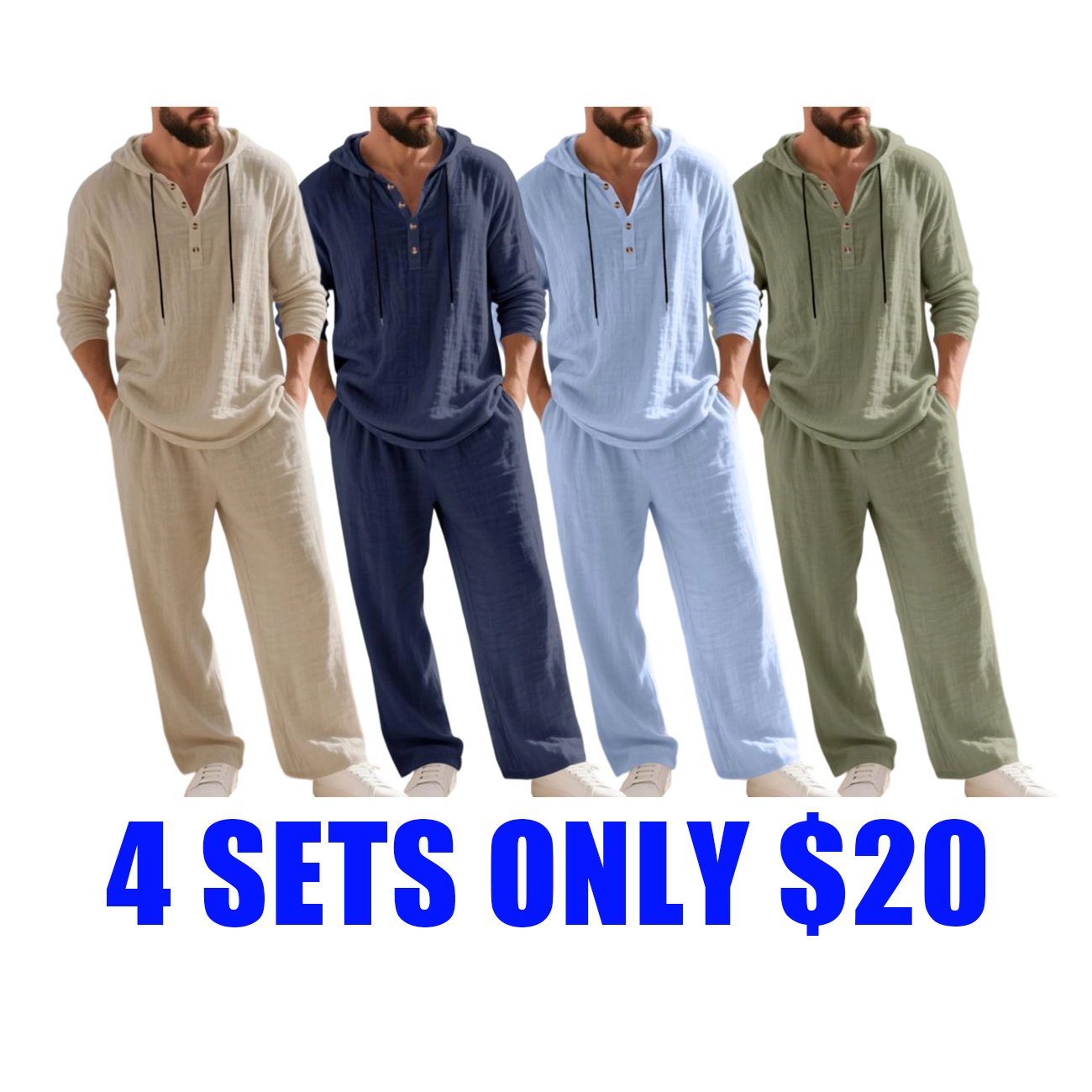 Men’s Linen Hooded Two-Piece Set with Wide-Leg Pants