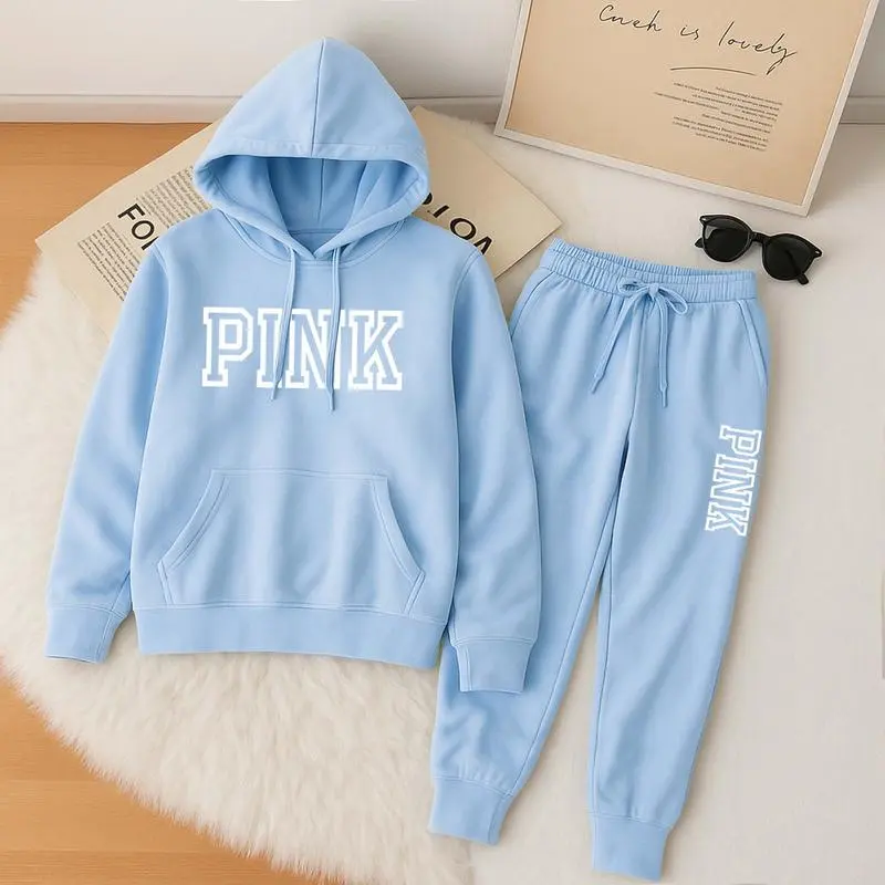Women’s Pink Printed Hoodie & Drawstring Pants Casual Set