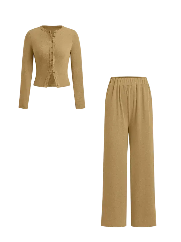 Two-piece Set Women's Solid Button Front Ribbed Crop Top & Elastic Waist Pants