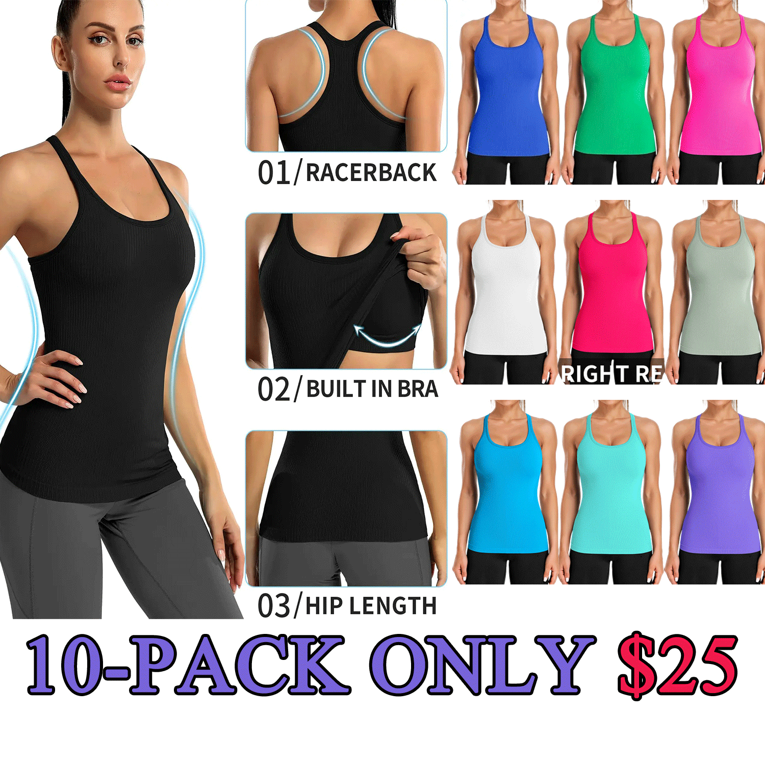 ✨✨ Women’s Ribbed Racerback Workout Tank with Built-In Bra