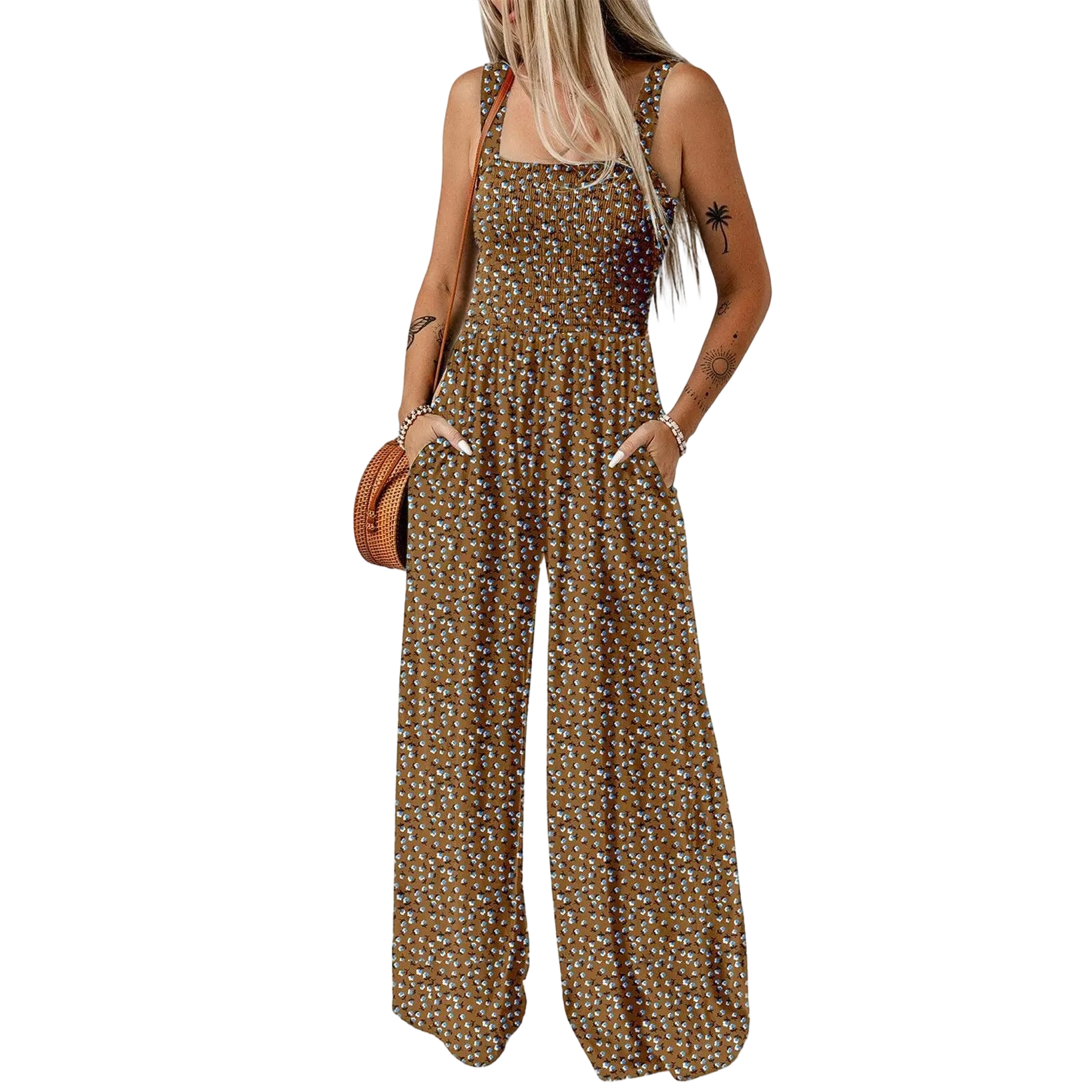 Women's Casual Loose Overalls Jumpsuits One Piece Sleeveless Printed Wide Leg Long Pant Rompers