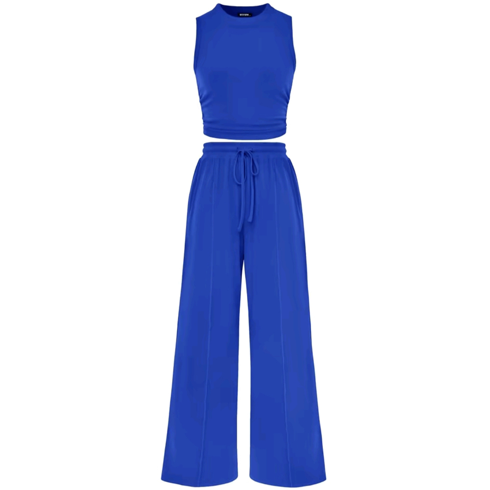 kendall same style Women's 2-Piece Ruched Tank Top and Elastic Waist Tie Trousers Set – Casual Lounge Outfit, 6 Colors