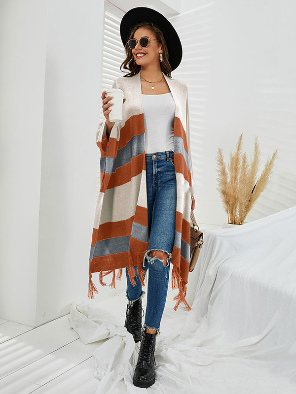 Original Striped Tasseled Shawl&Cloak
