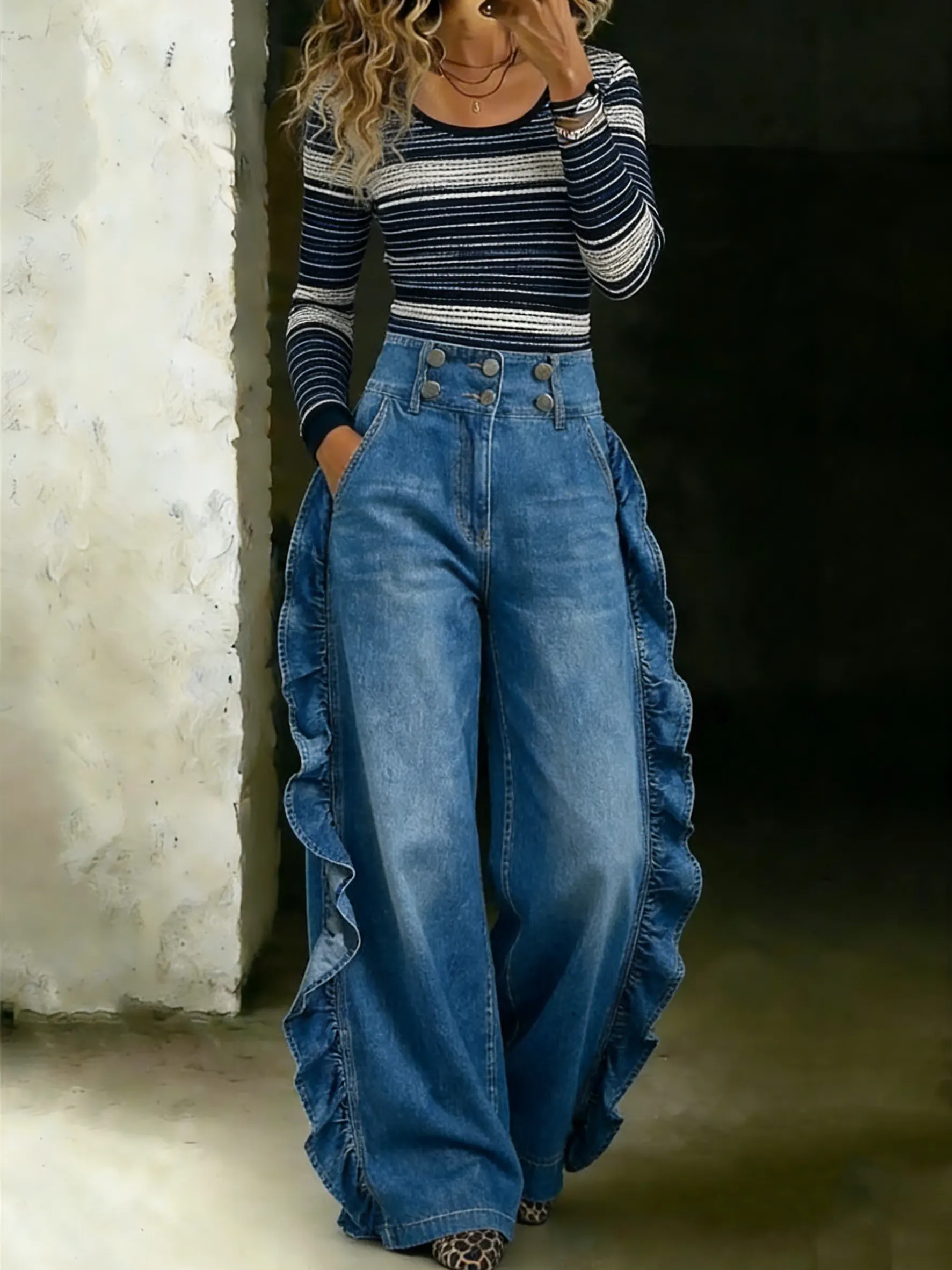 Women's Stylish Design Exquisite Ruffle Trim Blue Denim Wide-leg Pants