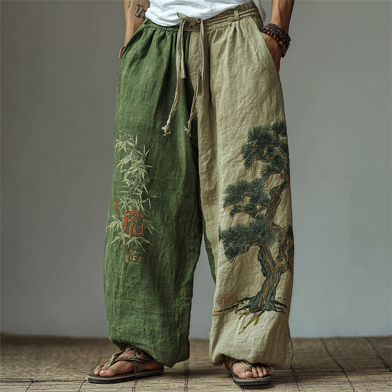 Men's Japanese Bamboo & Pine Tree Embroidered Contrast Wide Leg Linen Pants