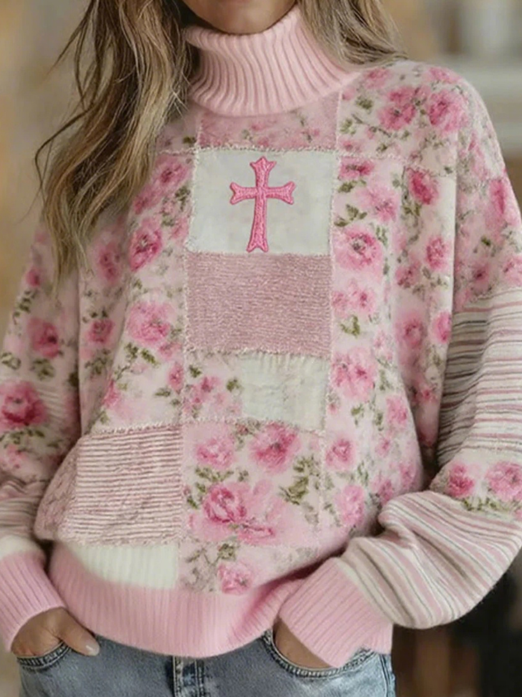 Women's Vintage Floral Cross Art Cozy Knit Turtleneck Sweater