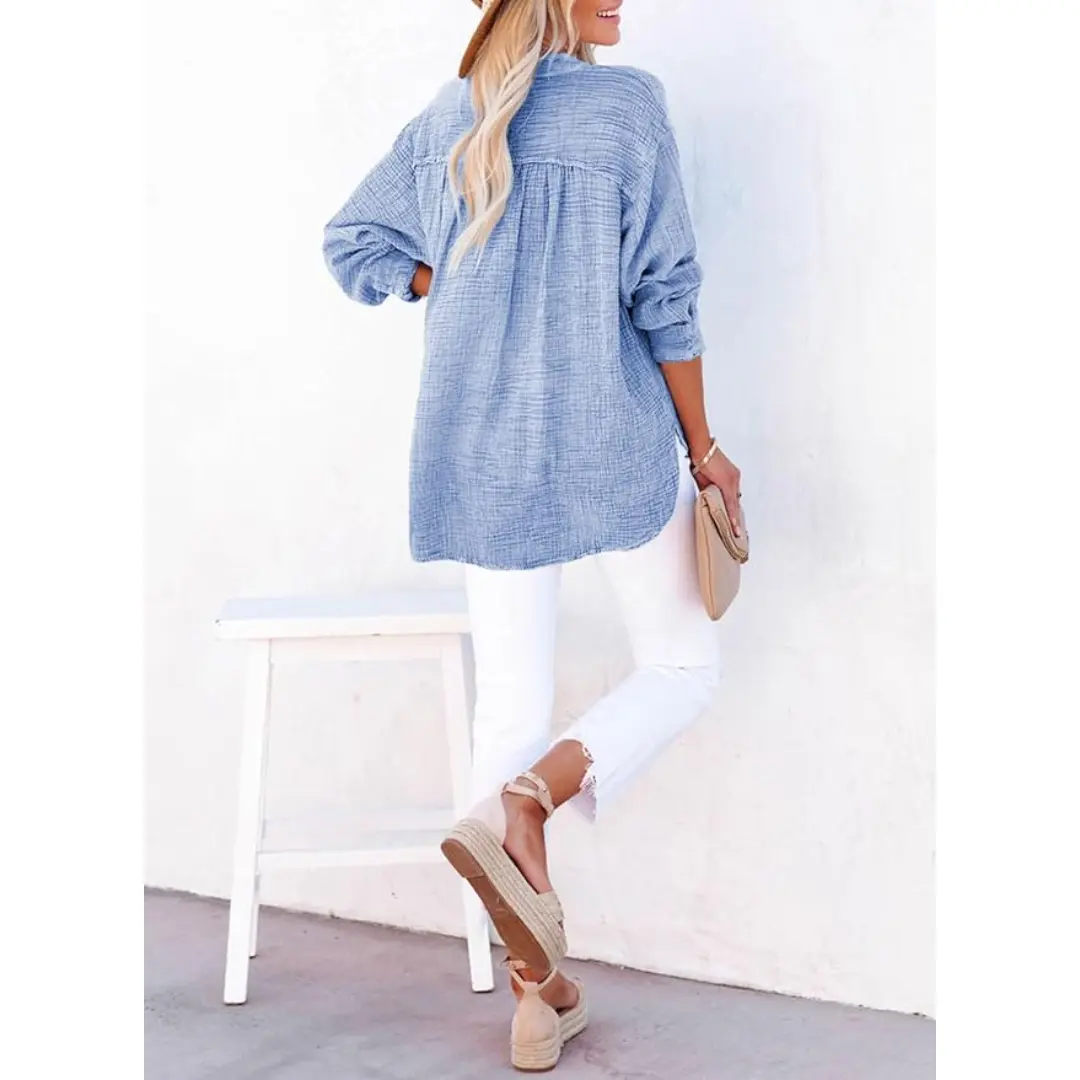 Women's Casual Button V Neck Long Sleeve Shirts Oversized Solid Blouses Tops 100% Cotton Boyfriend Style Loose Fit