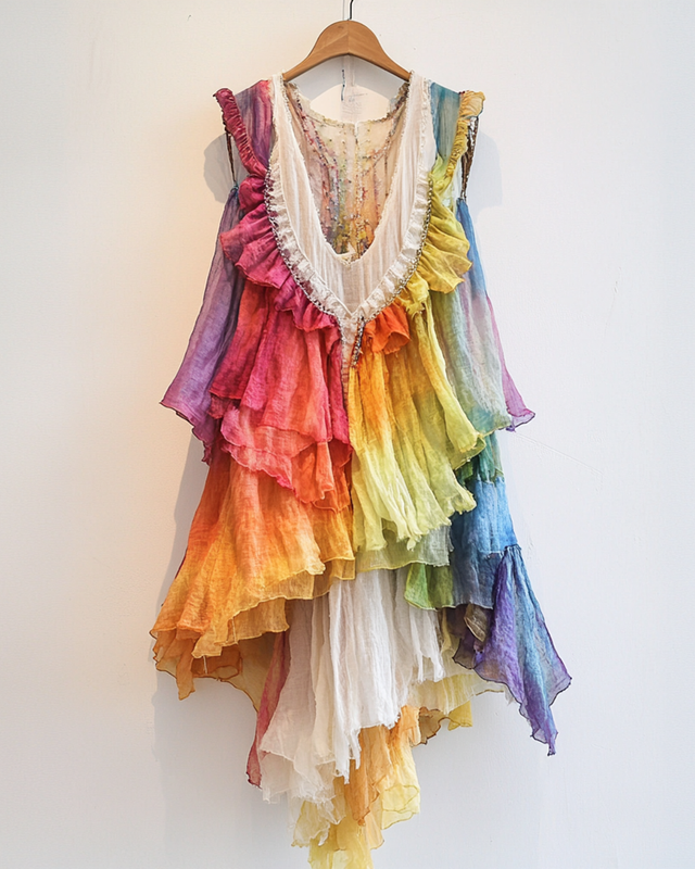 Summer Rainbow Stitching Ruffle Sleeveless Dress  6bb1