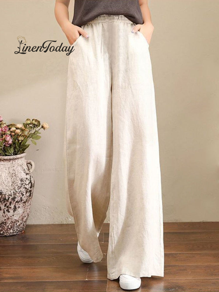 Women's Solid Color Loose Elegant Casual Simple Cotton And Linen Pants