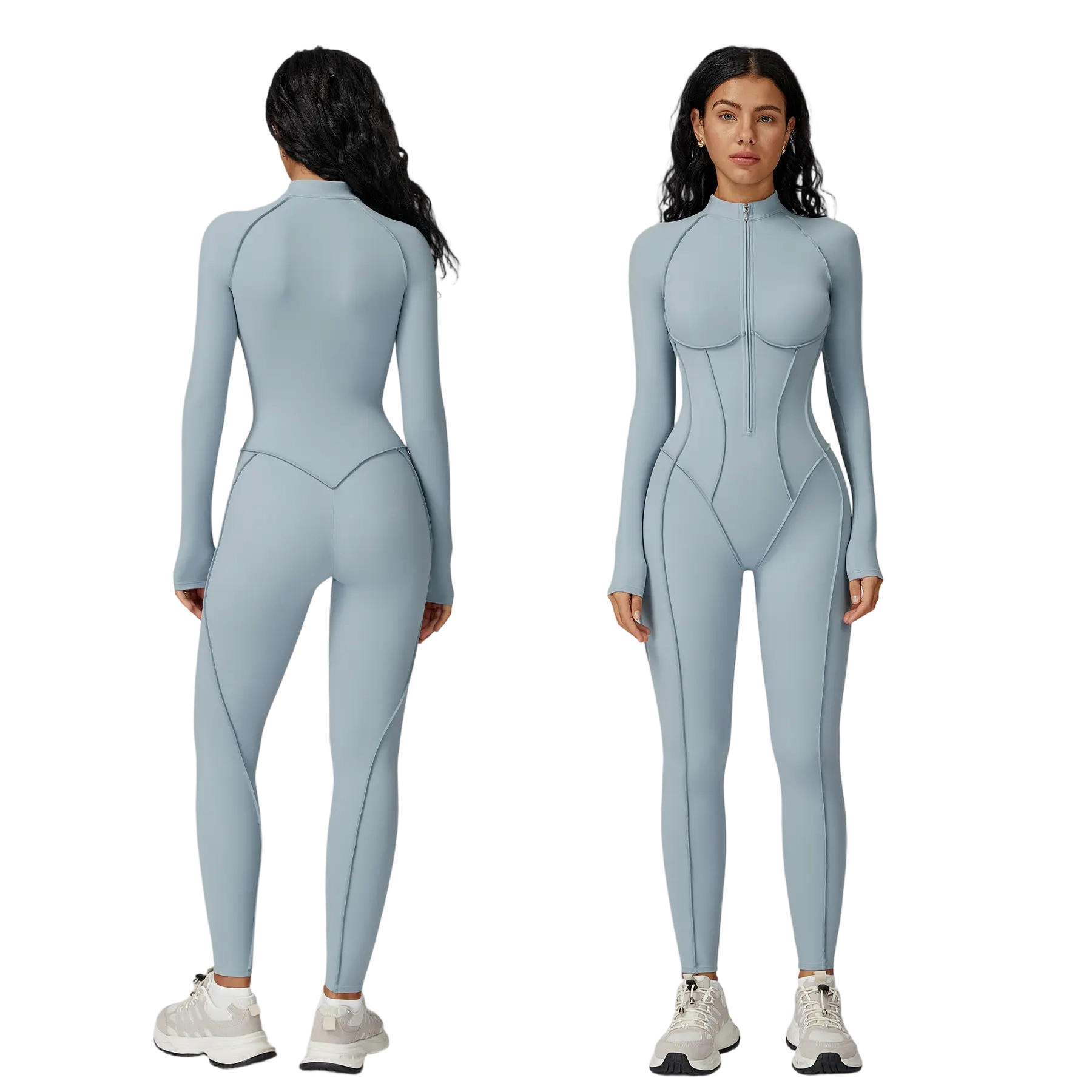 ✨ Women’s SculptFit Zip-Up Active Jumpsuit – Long Sleeve Tummy Control One-Piece