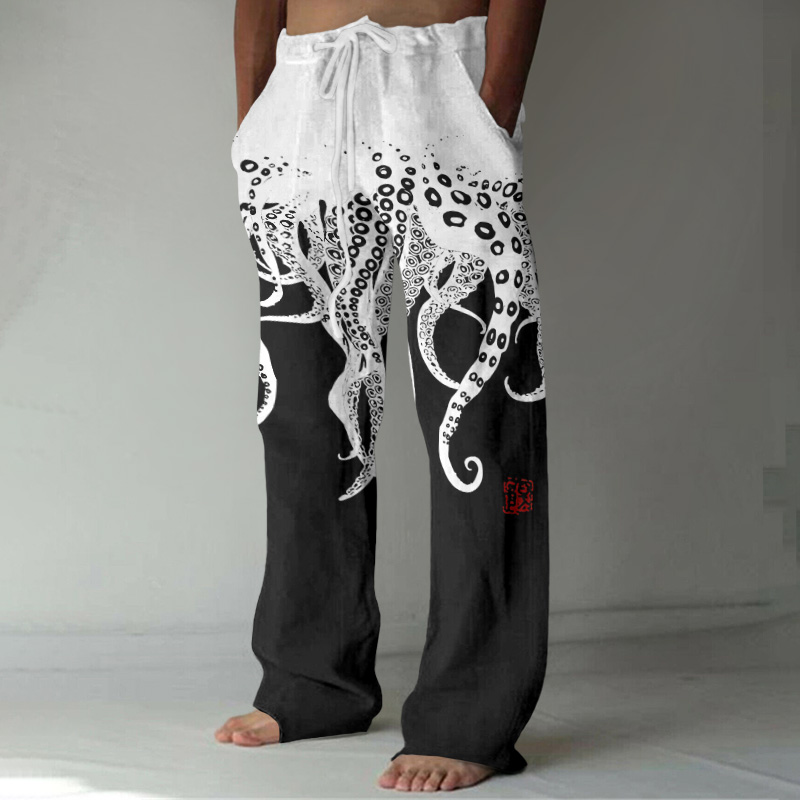 Vintage Japanese Art Octopus Legs Print Casual Linen Blend Pants