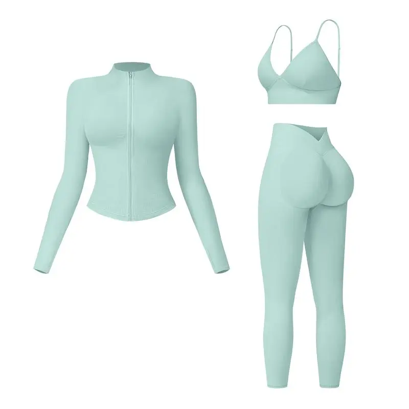 Women’s 3-Piece Seamless Workout Set – Crop Tank, Zip Jacket & High-Waist Leggings