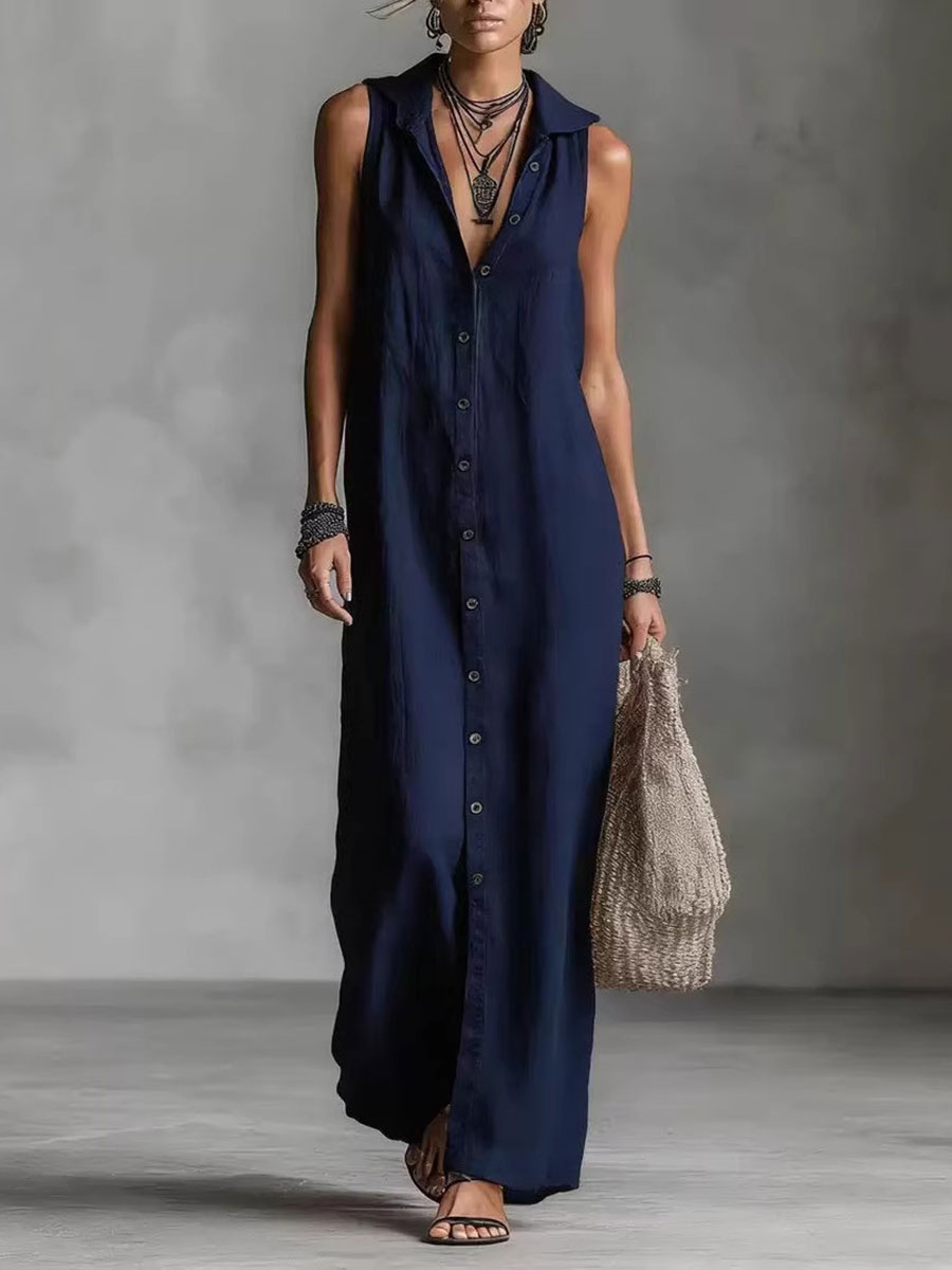 Women's Retro Hooded Solid Color Long-sleeved Cotton Linen Dress