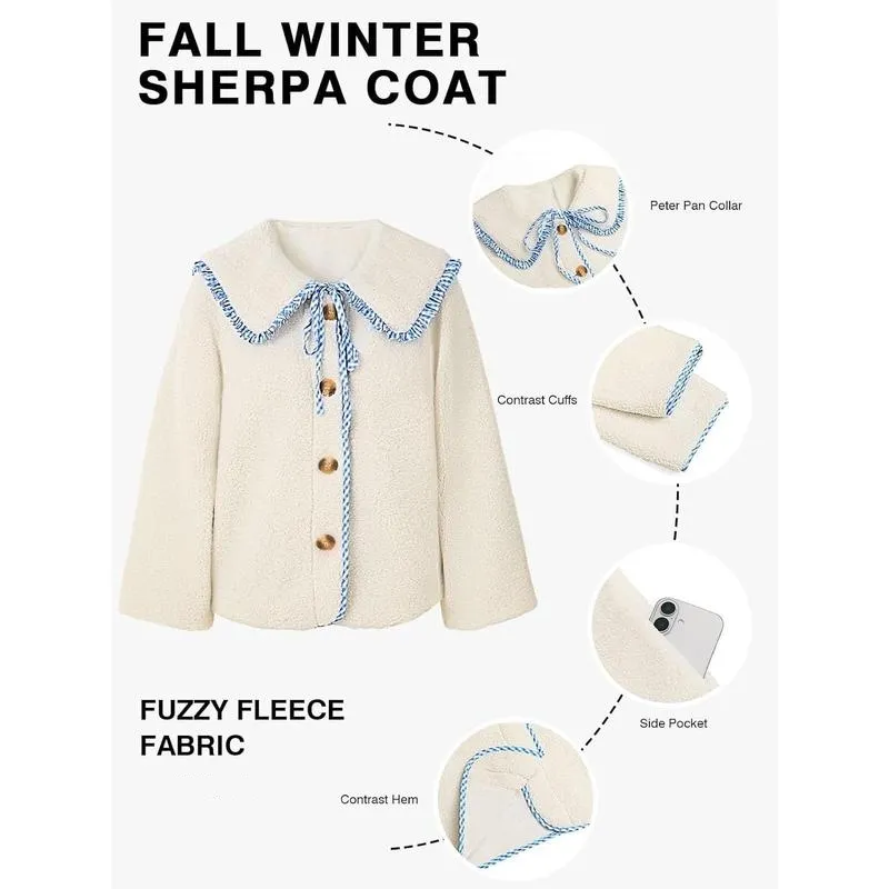 Womens Fuzzy Fleece Jacket Peter Pan Collar Button Down Fall Winter Sherpa Coats