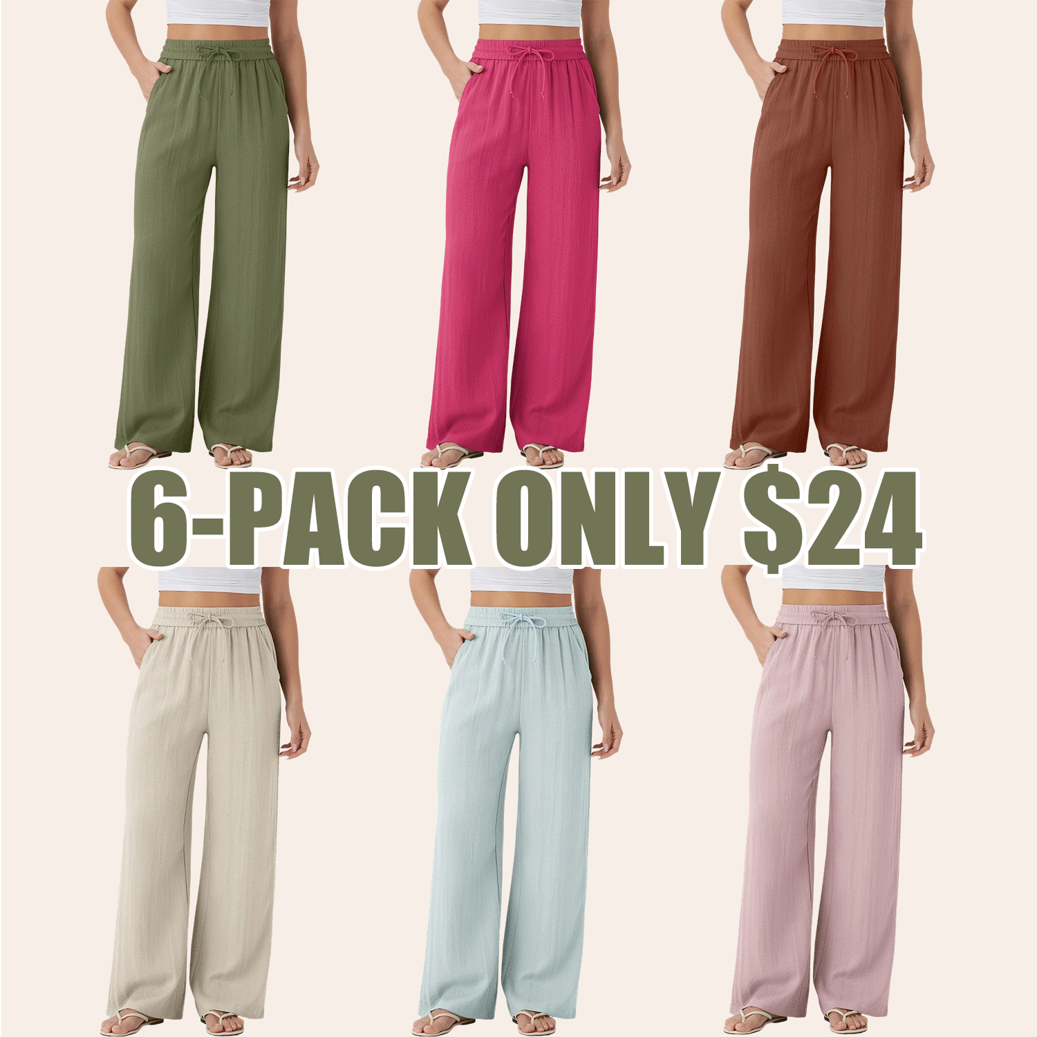 High Waisted Drawstring Pocket Wide Leg Casual Linen-Feel Pants