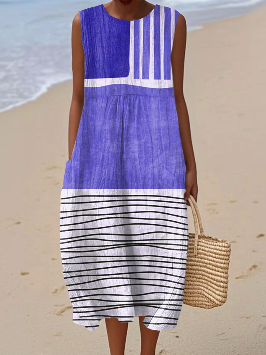 Women's Vintage Abstract Geometry Art Print Sleeveless Cotton Pocket Wrap Dress