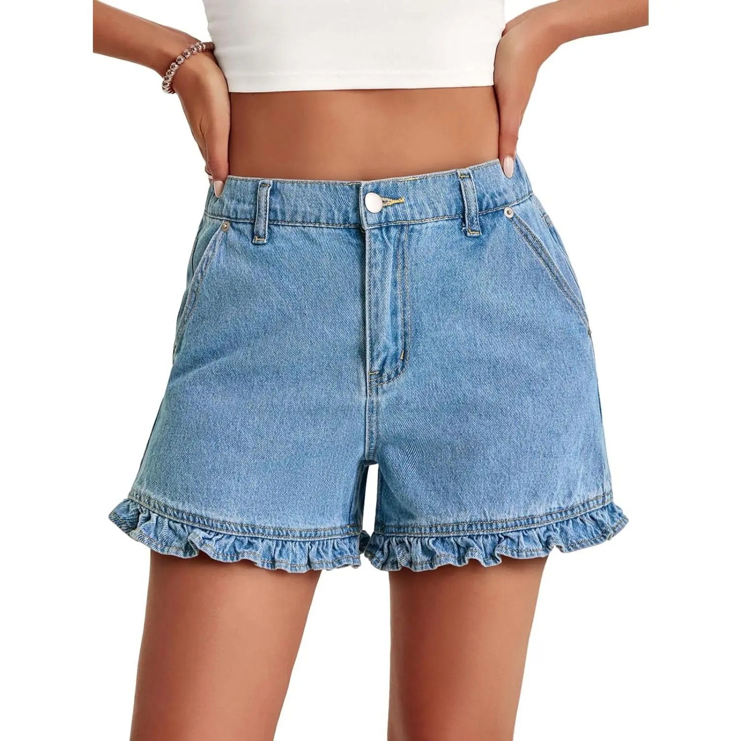 Cute High Waisted Denim Shorts with Ruffle Hem for Women -