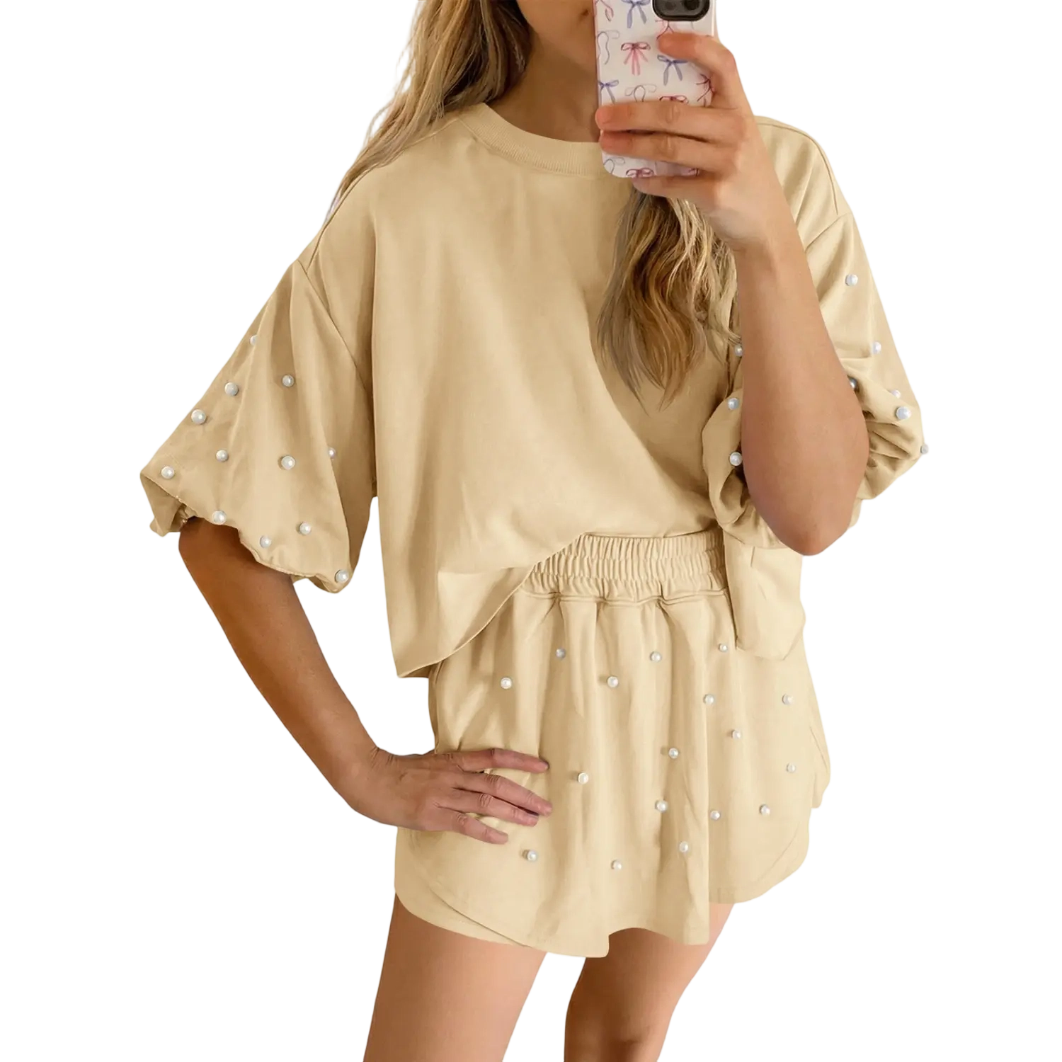Chic Comfort Pearl Lounge Set – Puff Sleeve Top & Soft Knit Shorts