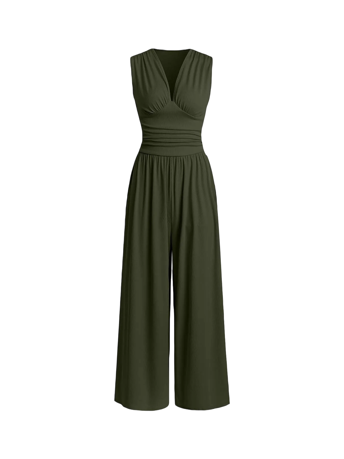 Women's Plain Ruched Deep V Neck Ribbed Fitted Jumpsuit, Elegant Sleeveless Wide Leg Jumpsuit for Summer