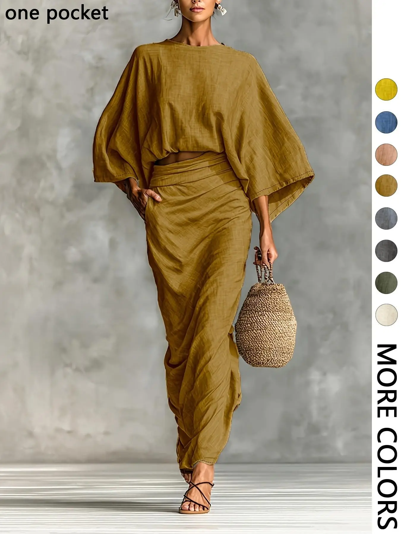 Women's Stylish Loose-Fitting Casual Two-Piece Set, Spring & Fall Comfortable Long Skirt with Waist Definition and Pocket one pocket