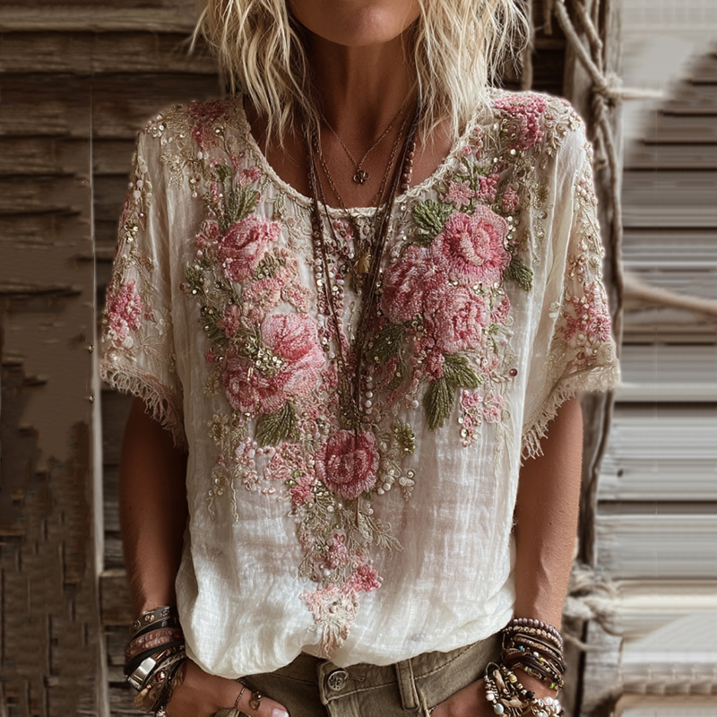 Women's Pink Rose Embroidery Art Round Neck Short Sleeve Linen Blend T-shirt