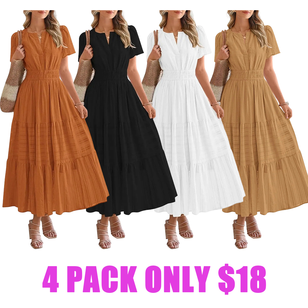 Women's Summer 2026 Casual Maxi Dress Lightweight Short Sleeve V Neck Boho Dress with Pockets