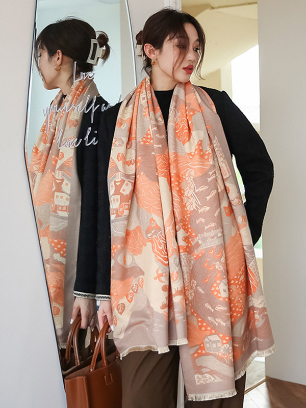 Vintage Printed Tasseled Shawl&Scarf