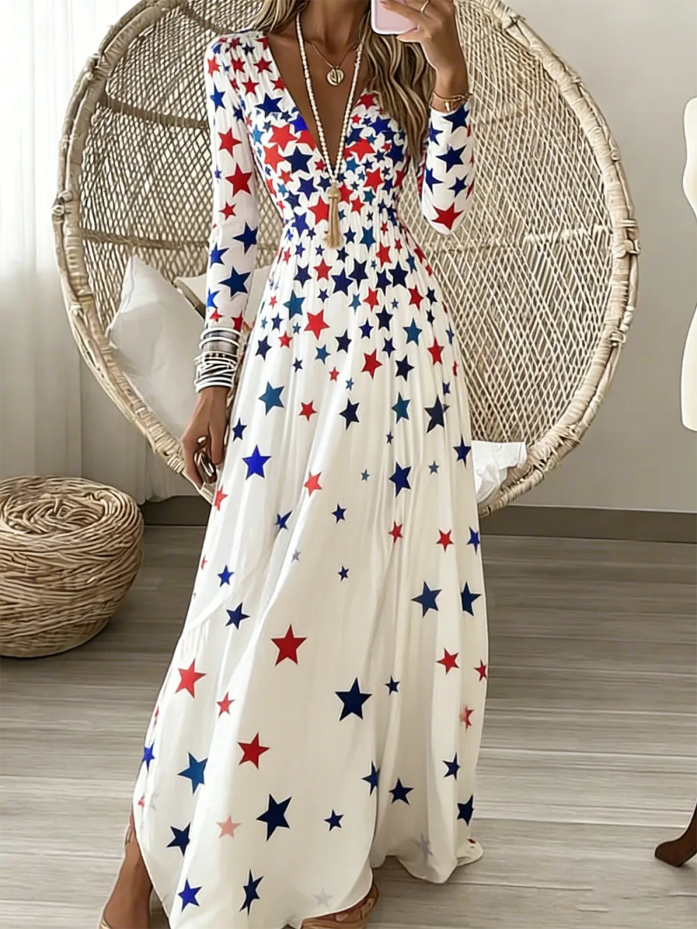 Women Geometric Spring/Fall Dress V Neck Long Sleeve A-Line Dress