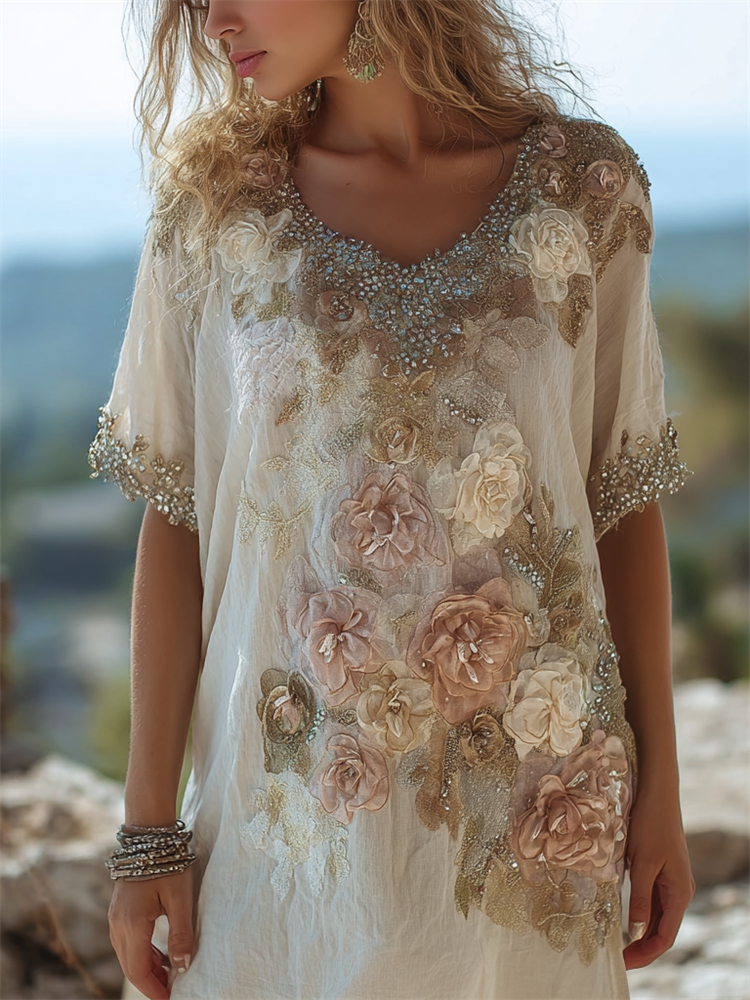 Boho Roses Glitter Fiber Art Flowy Linen Dress