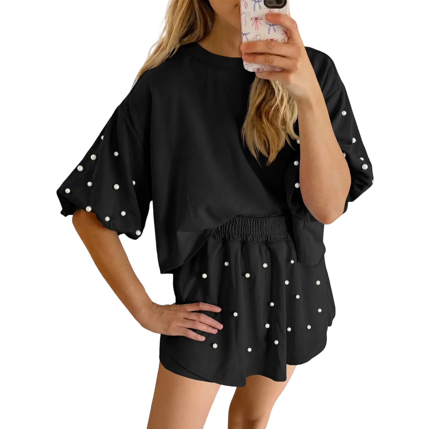 Chic Comfort Pearl Lounge Set – Puff Sleeve Top & Soft Knit Shorts